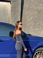 Serenity Sculpt Off-Shoulder Long Sleeve Top — Navy Blue