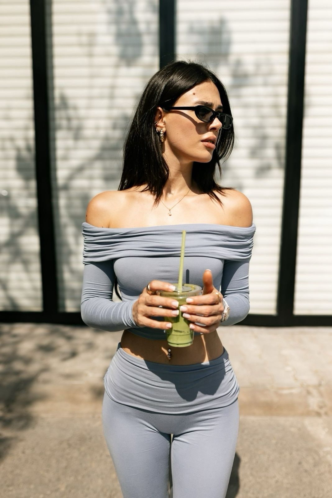 Serenity Sculpt Off-Shoulder Long Sleeve Top — Blue Fog