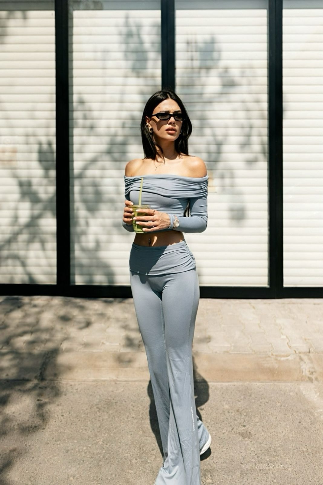 Serenity Sculpt Off-Shoulder Long Sleeve Top — Blue Fog