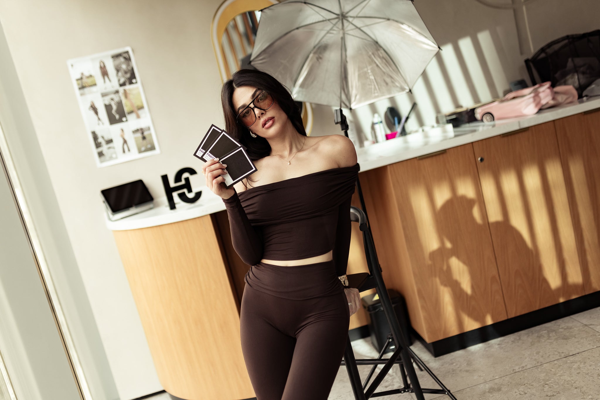 Serenity Sculpt Off-Shoulder Long Sleeve Top — Espresso