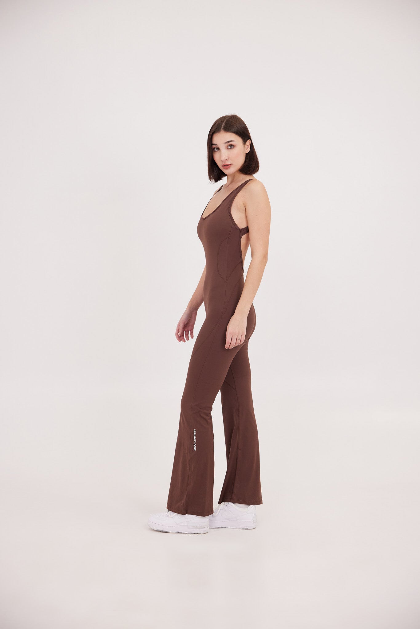 SoftSkin Sculpt Flare Yoga Jumpsuit with Built-In bra in Mocha Brown